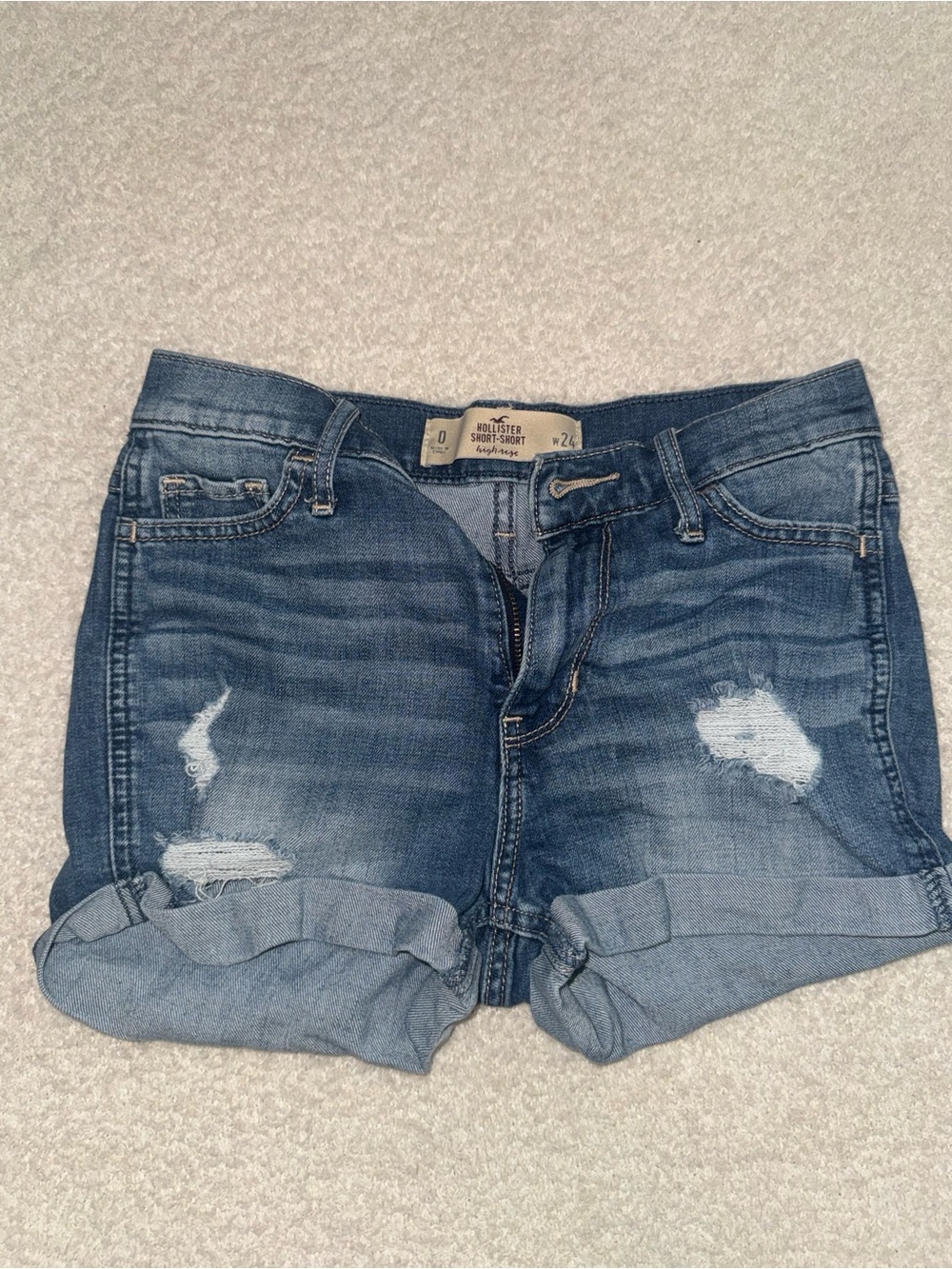 Hollister Medium Blue Distressed Rolled Cuff Denim Shorts